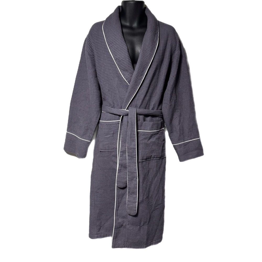 Seyante Mens Waffle Knit Robe XL Gray Purple Cotton Blend Tie Belt Pockets